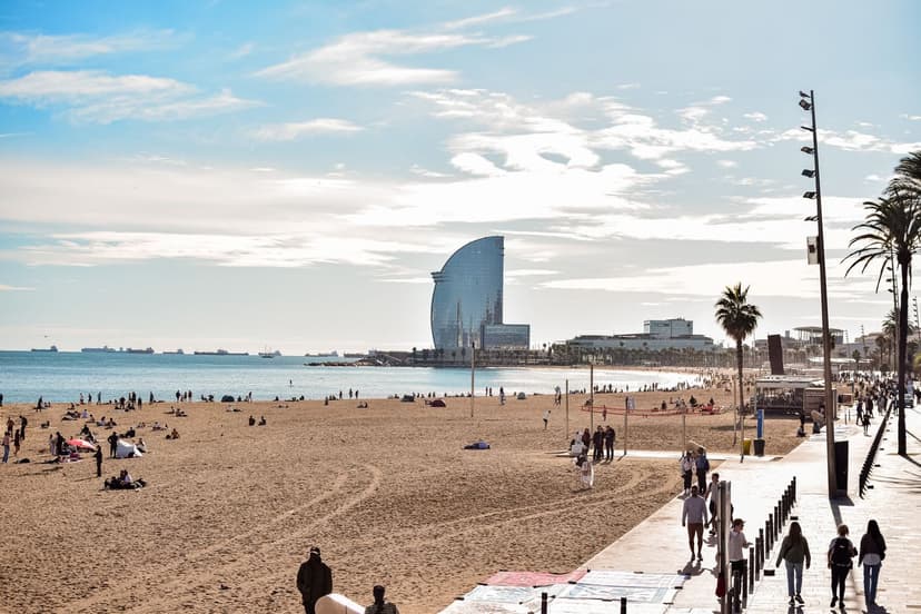Barceloneta beach with the city skyline in the background