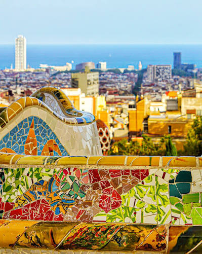 Detail of the trencadís mosaic bench at Park Güell, Barcelona