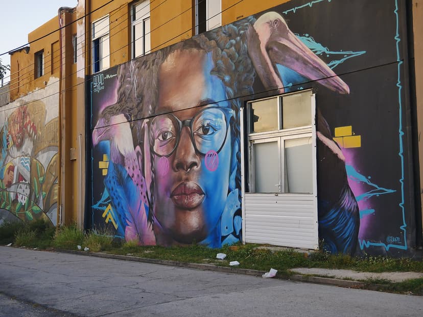 Fresque murale d'un visage et d'un pélican dans une rue de San Nicolas, Aruba