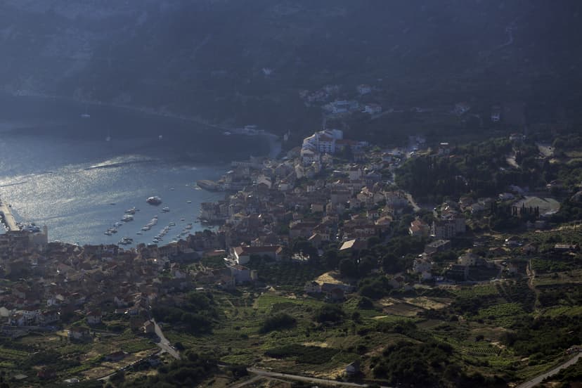Komiža bay and houses seen from the hills, vineyards in the foreground, Vis island
