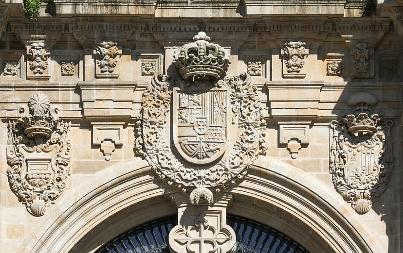 Carved coat of arms on the Obradoiro facade of Santiago de Compostela cathedral