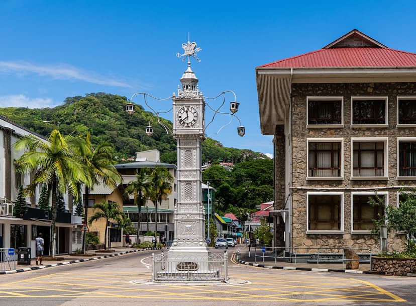 The silver clock tower at the central crossroads of Victoria, Seychelles capital on Mahé