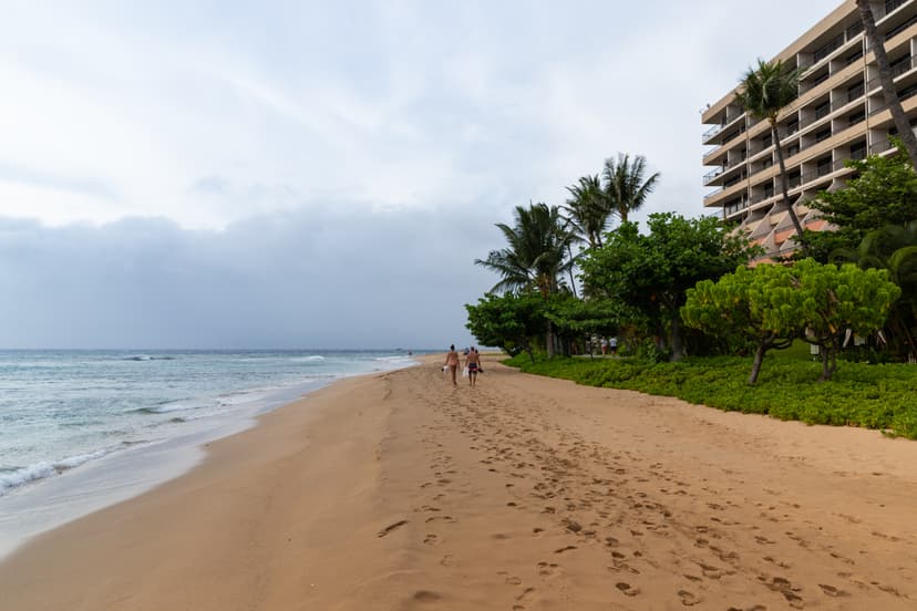 Aerial view of Kāʻanapali Beach, its resorts and turquoise water, west coast of Maui
