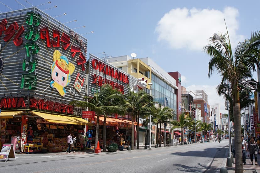 Shops and palm trees on Kokusai-dori street, Naha
